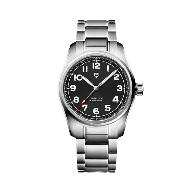 PAGANI DESIGN PD-1717 automatic watch blue dial steel bracelet beside laptop keyboard