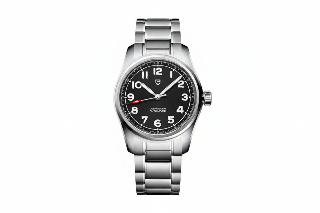 PAGANI DESIGN PD-1717 automatic pilot watch black dial steel bracelet front view