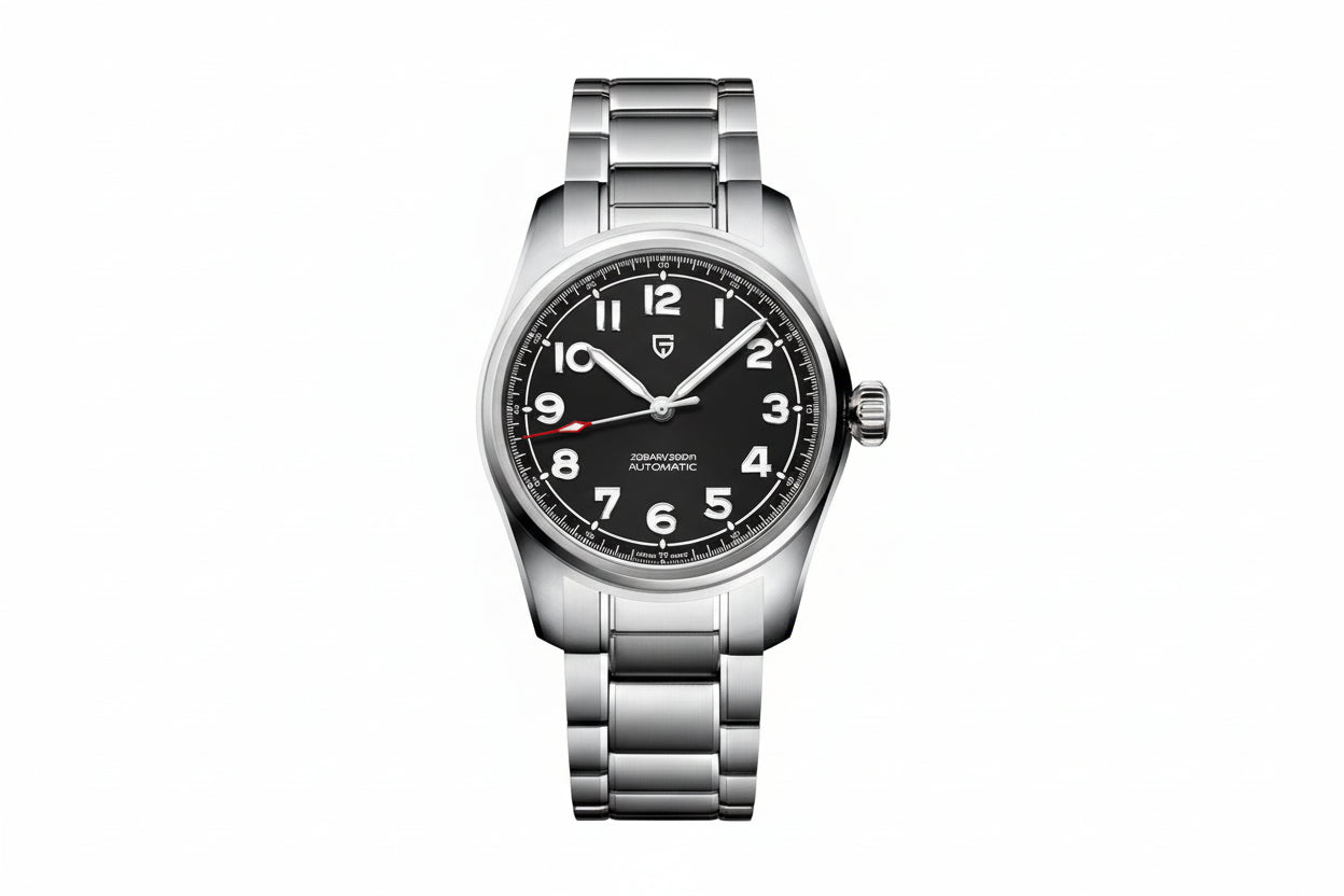 PAGANI DESIGN PD-1717 automatic pilot watch black dial steel bracelet front view