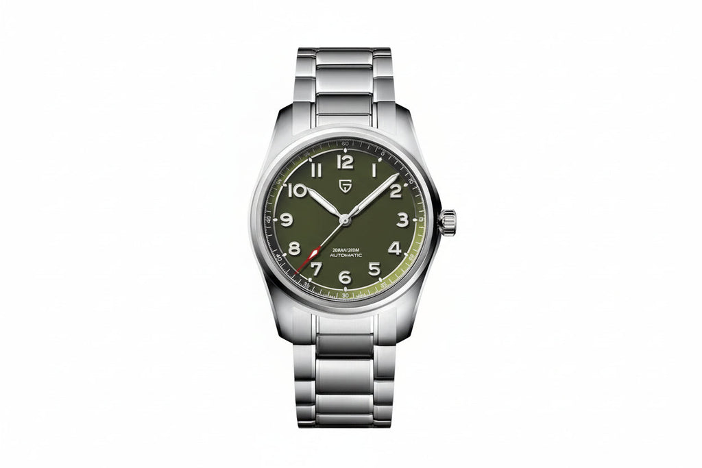 PAGANI DESIGN PD-1717 automatic pilot watch green dial steel bracelet front view