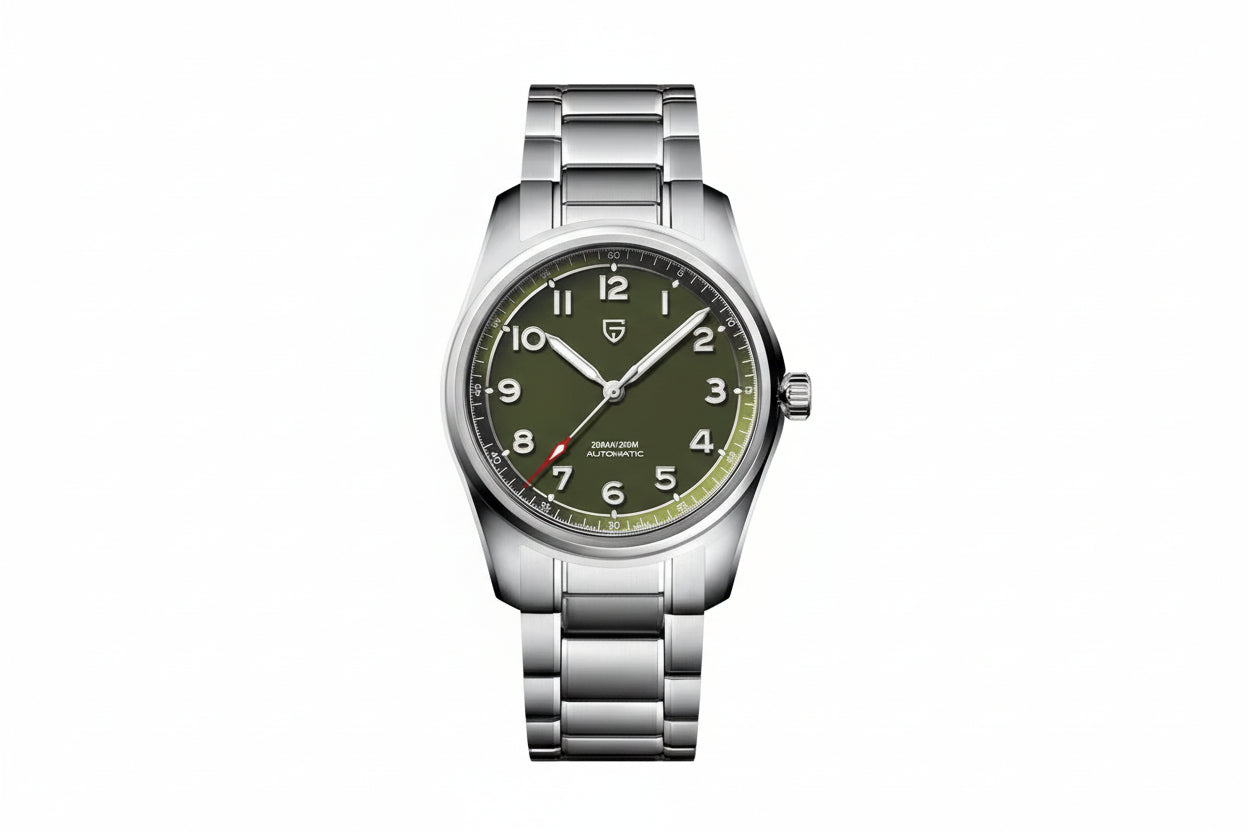 PAGANI DESIGN PD-1717 automatic pilot watch green dial steel bracelet front view