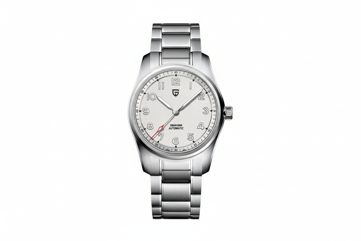 PAGANI DESIGN PD-1717 automatic pilot watch white dial steel bracelet front view