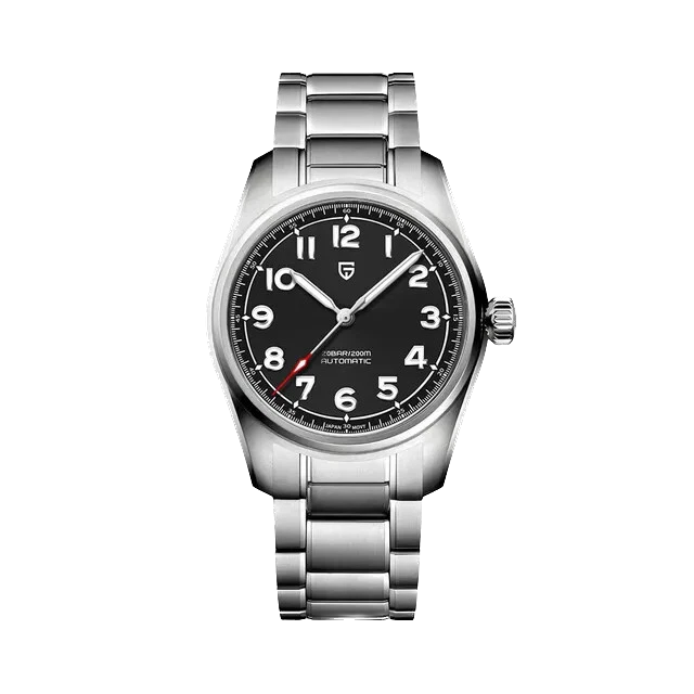 Front view of Pagani Design PD-1717 automatic mechanical watch with black dial, luminous markers, red seconds hand, and polished stainless steel bracelet.