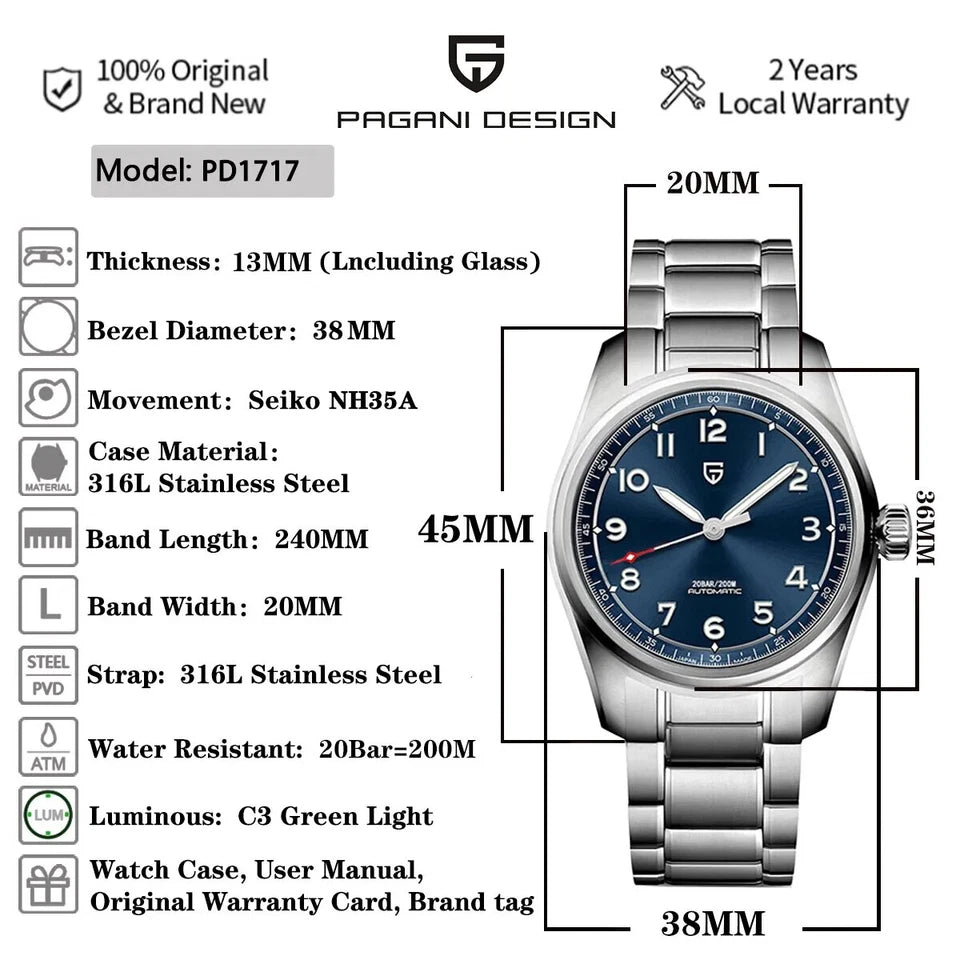 Specifications infographic for Pagani Design PD-1717 automatic mechanical watch with blue dial and stainless steel bracelet showing thickness 13 mm, bezel diameter 38 mm, movement Seiko NH35A, band length 240 mm, band width 20 mm, strap 316L stainless steel, water resistant 200m, luminous C3 green light, and included watch case accessories.