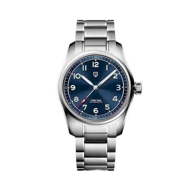 Front view of Pagani Design PD-1717 automatic mechanical watch with blue dial and stainless steel bracelet on a transparent background.