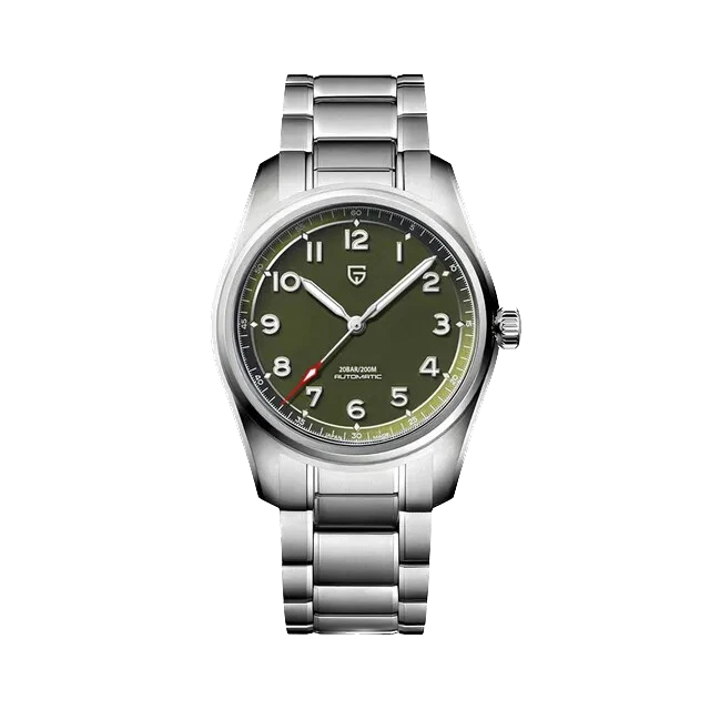 Front view of Pagani Design PD-1717 automatic mechanical watch with green dial, luminous markers, red seconds hand, and polished stainless steel bracelet.