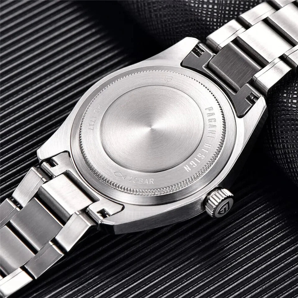 Caseback view of Pagani Design PD-1717 automatic mechanical watch showing the polished stainless steel case back and bracelet on a ridged black surface.