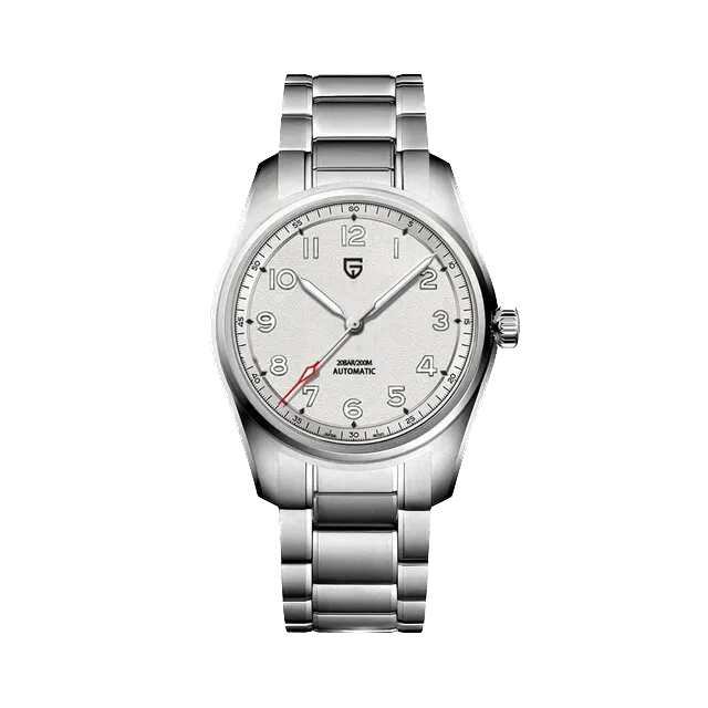 Front view of Pagani Design PD-1717 automatic mechanical watch with white dial, luminous markers, red seconds hand, and polished stainless steel bracelet.