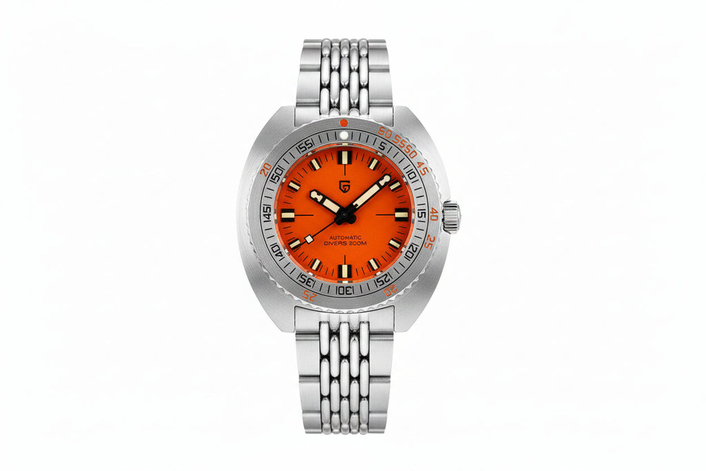 PAGANI DESIGN PD-1719 NH38 diver watch orange dial steel bracelet front view