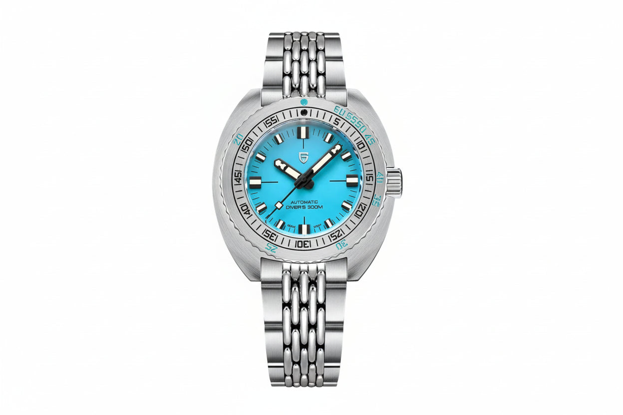 PAGANI DESIGN PD-1719 NH38 diver watch sky blue dial steel bracelet front view