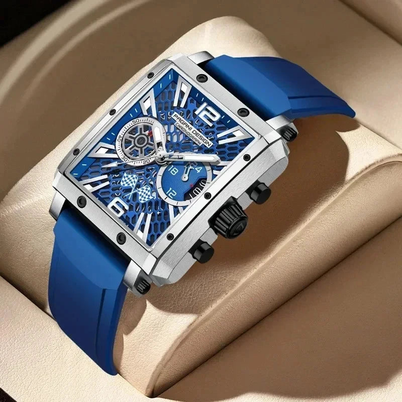 Pagani Design PD-1725 rectangular chronograph watch blue dial silver case blue silicone strap beige background lifestyle photo