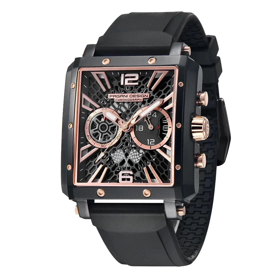 Pagani Design PD-1725 rectangular chronograph watch black dial rose-gold accents black silicone strap front view