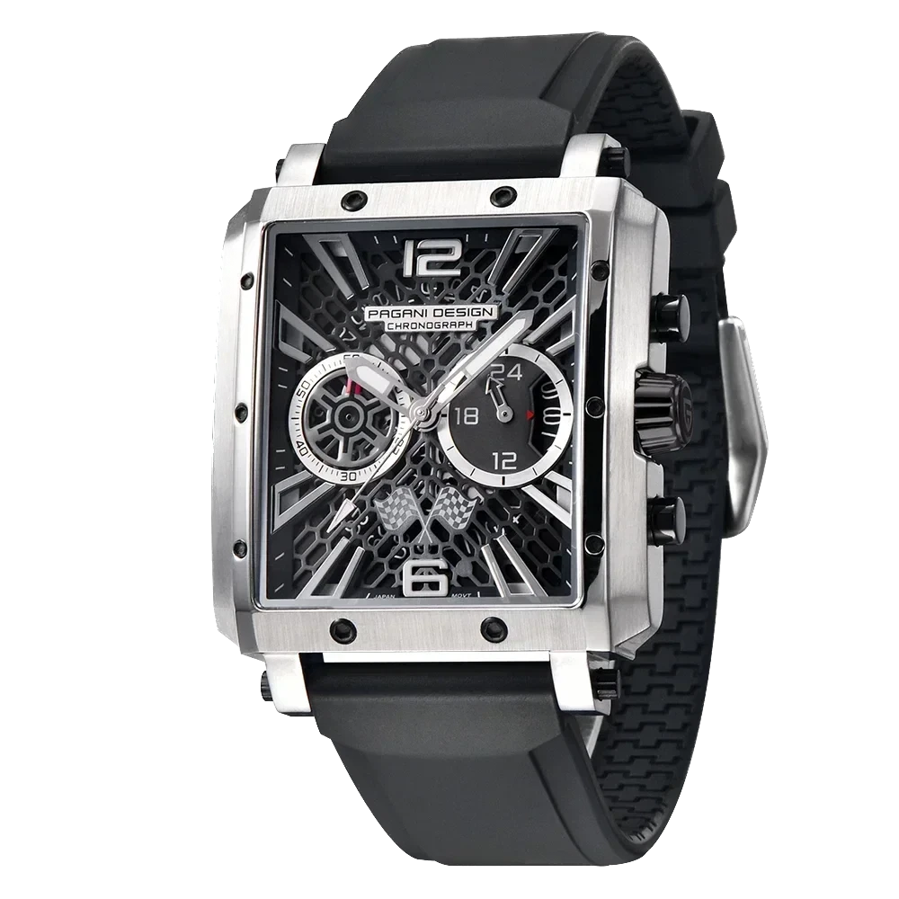 Pagani Design PD-1725 rectangular chronograph watch black dial silver case black silicone strap front view