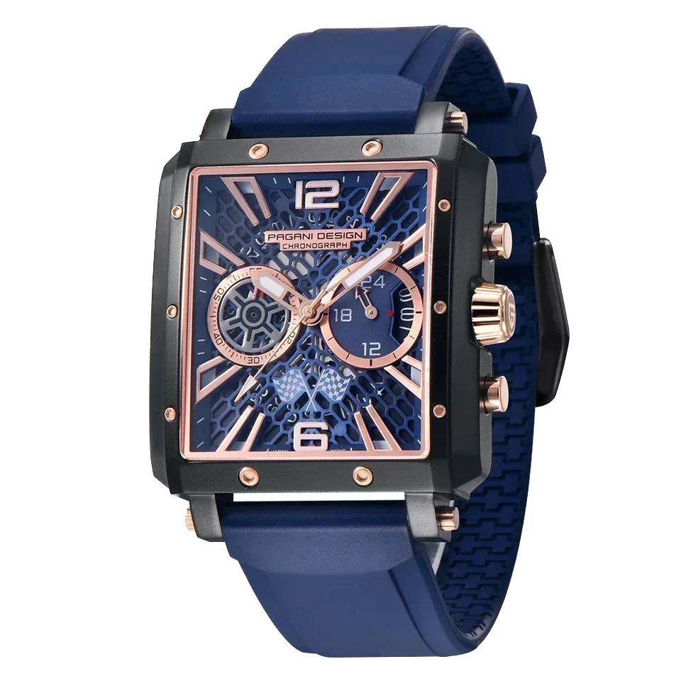 Pagani Design PD-1725 rectangular chronograph watch blue dial rose-gold accents blue silicone strap front view