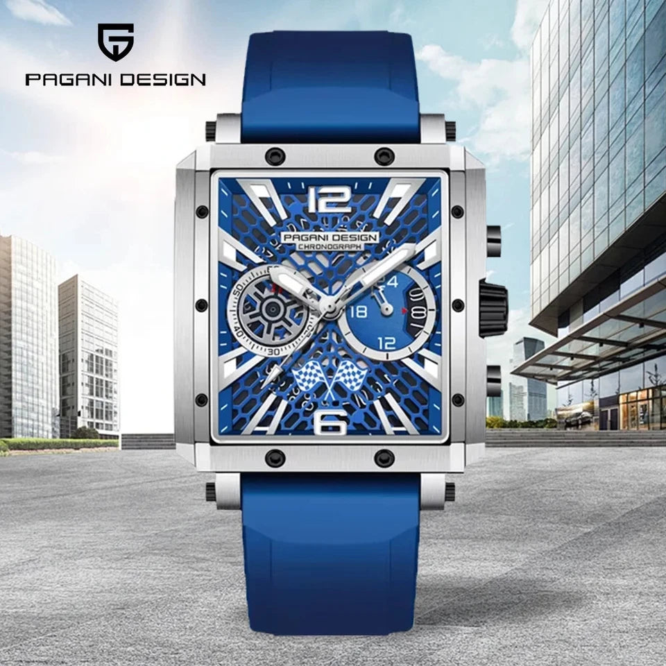 Pagani Design PD-1725 rectangular chronograph watch blue dial silver case blue silicone strap cityscape lifestyle photo