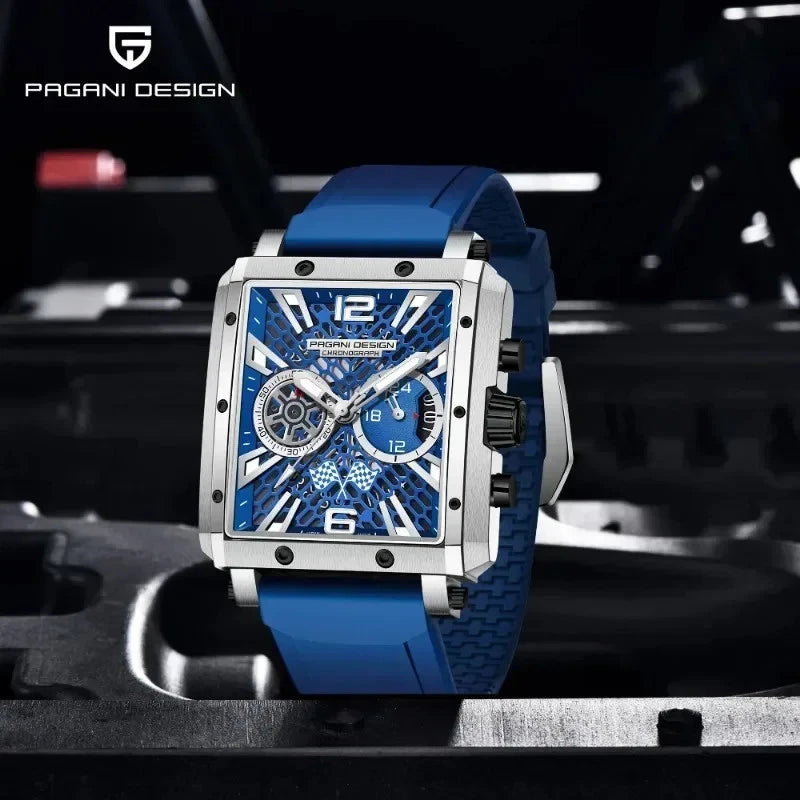 Pagani Design PD-1725 rectangular chronograph watch blue dial silver case blue silicone strap car engine lifestyle photo
