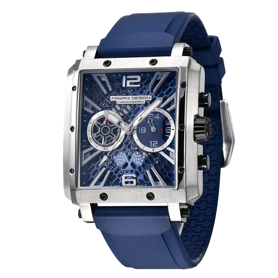 Pagani Design PD-1725 rectangular chronograph watch blue dial silver case blue silicone strap front view