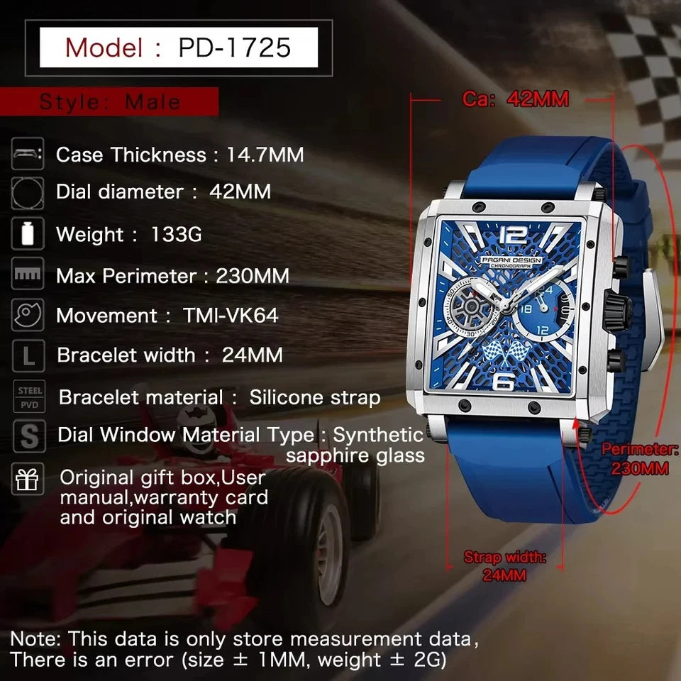 Specs chart for PD-1725 blue chronograph watch with blue dial silver case blue silicone strap