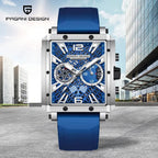 PAGANI DESIGN PD-1725 rectangular skeleton chronograph with blue dial and blue rubber strap