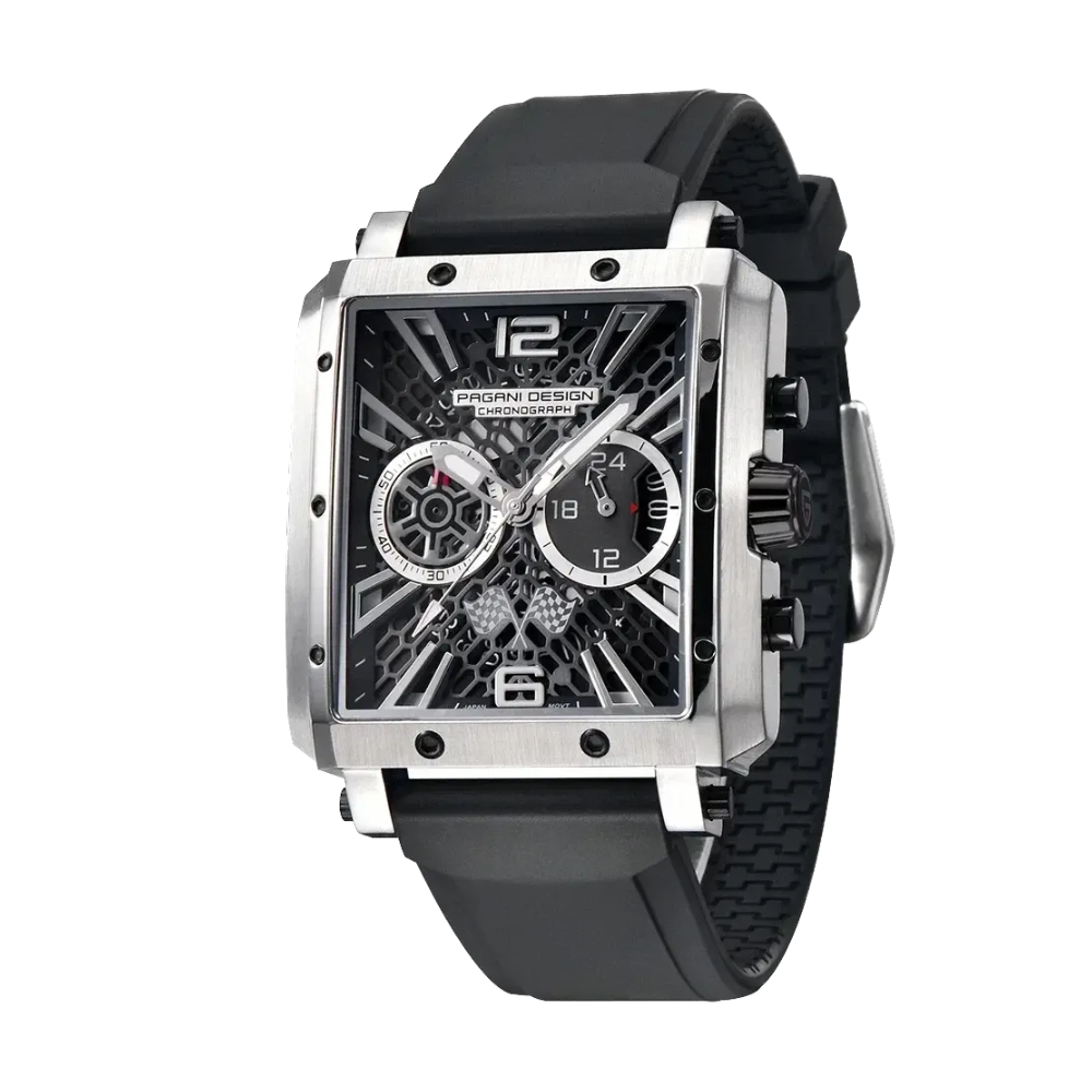 PAGANI DESIGN PD-1725 rectangular skeleton chronograph black dial silver case front view