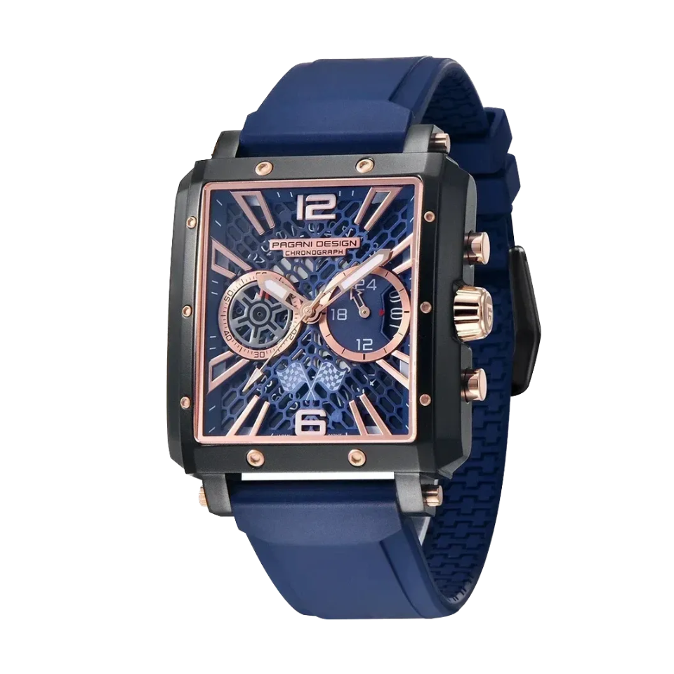 PAGANI DESIGN PD-1725 rectangular skeleton chronograph blue dial rose gold front view