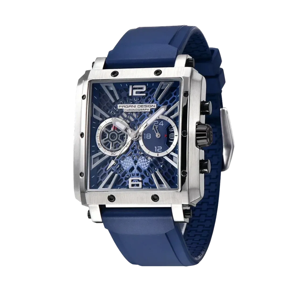 PAGANI DESIGN PD-1725 rectangular skeleton chronograph blue dial silver case front view