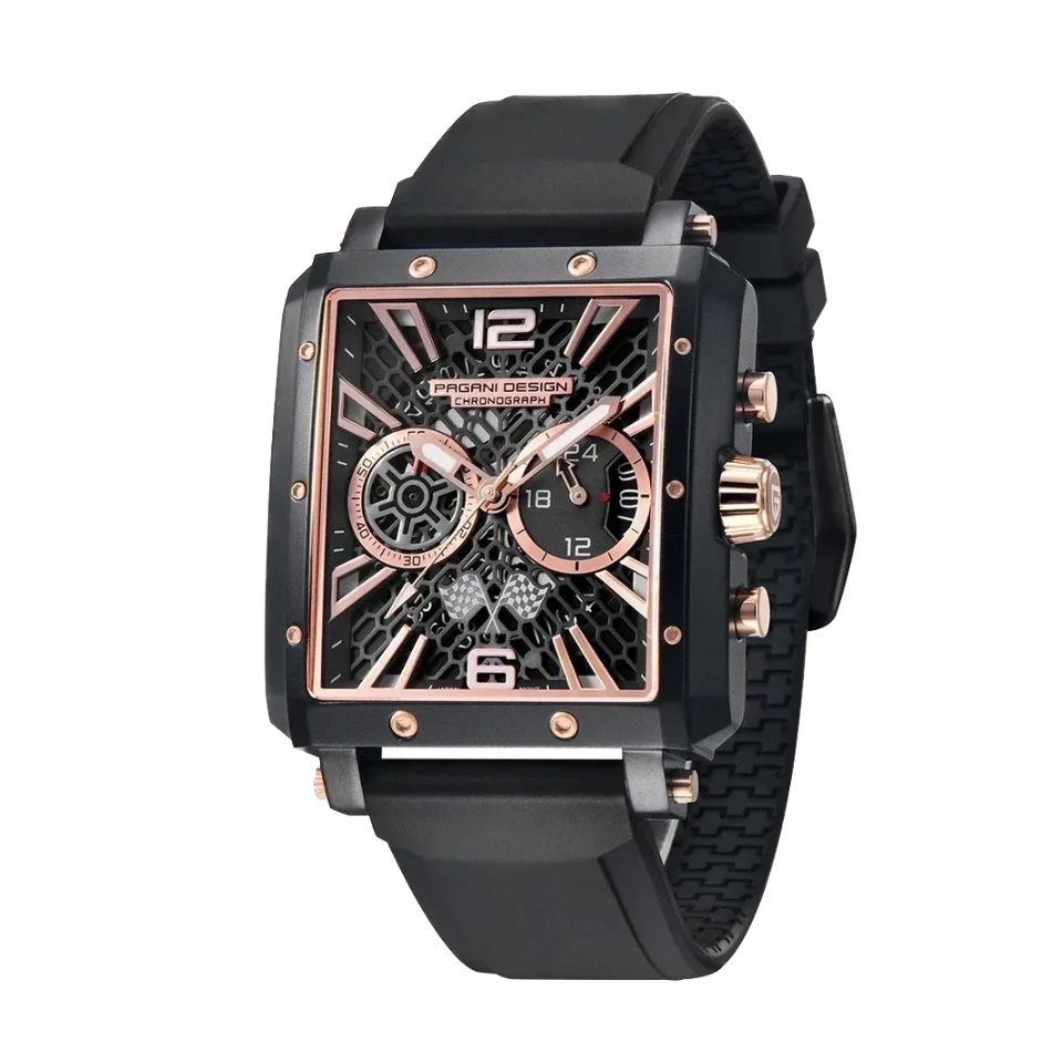 PAGANI DESIGN PD-1725 Rectangular Skeleton Automatic with gold black dial, angled view