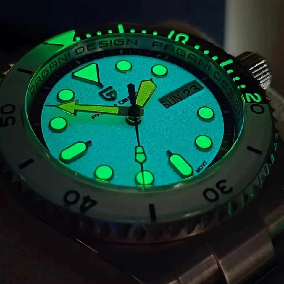 Pagani Design PD-1726 GMT automatic watch luminous blue-green markers on white dial glow shot