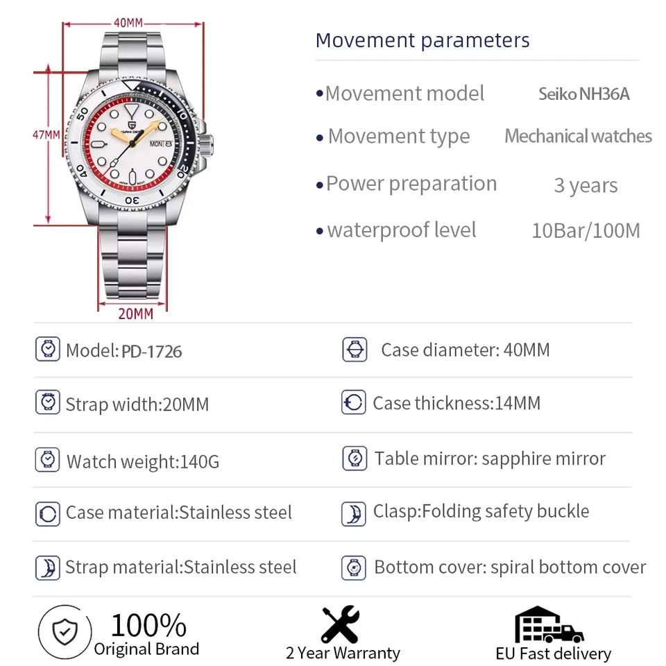 Specification chart for Pagani Design PD-1726 GMT watch with 40mm case 20mm strap stainless steel