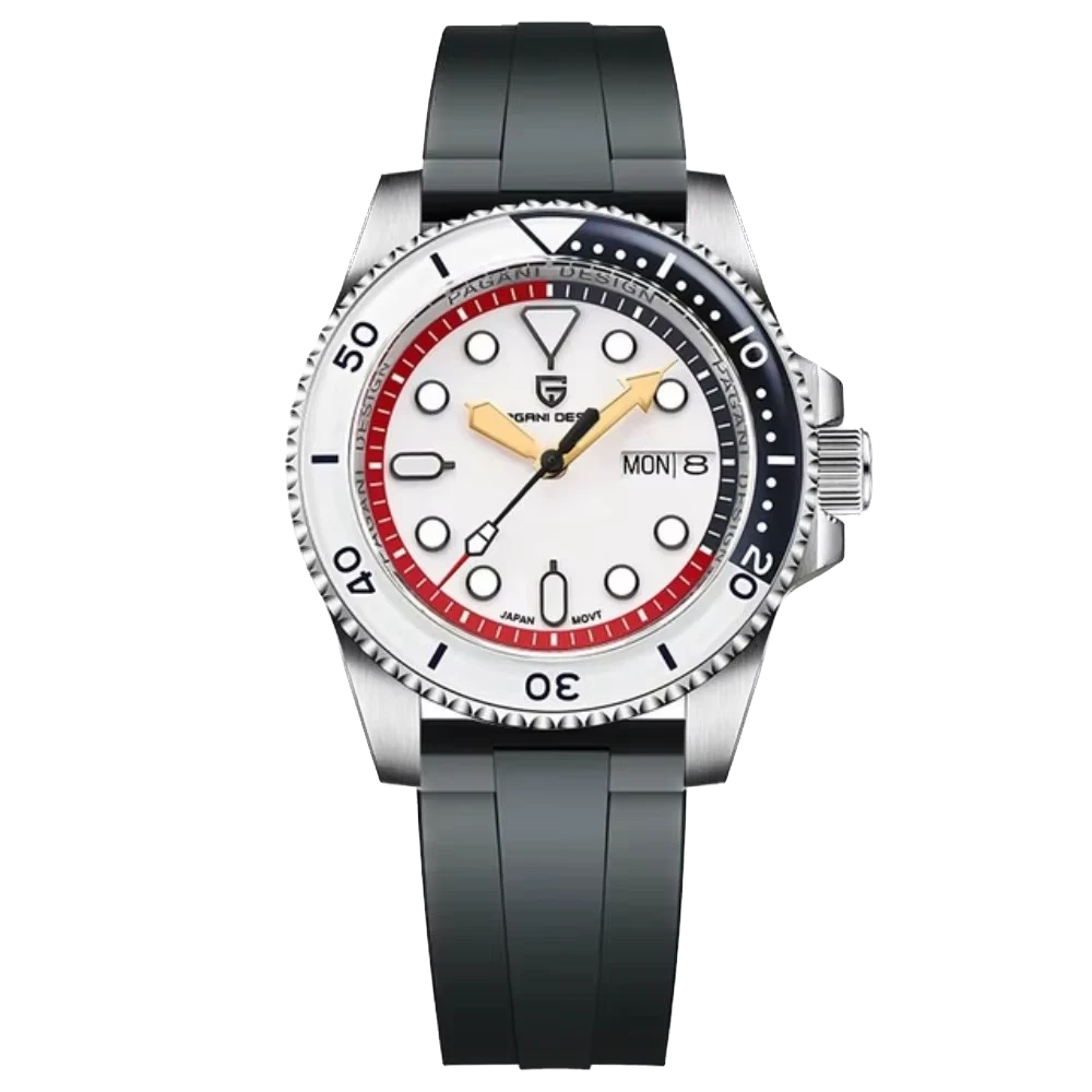 Pagani Design PD-1726 GMT automatic watch white dial red-black bezel black silicone strap front view