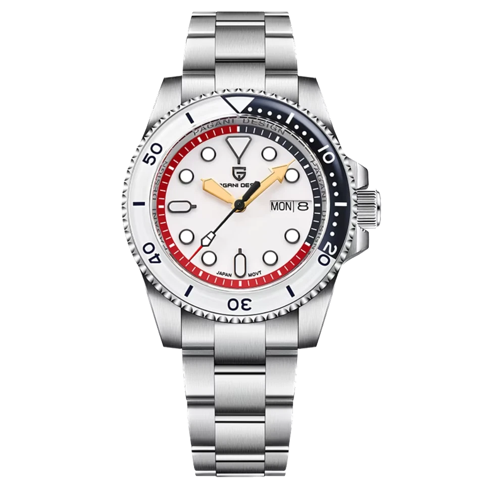 Pagani Design PD-1726 GMT automatic watch white dial red-black bezel stainless steel bracelet front view