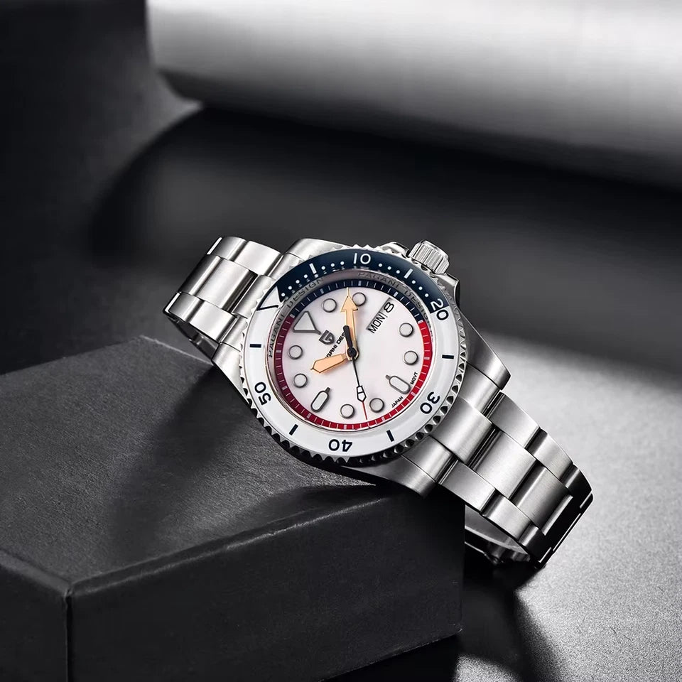Pagani Design PD-1726 GMT automatic watch white dial red-black bezel stainless steel bracelet lifestyle photo