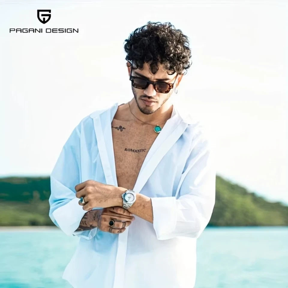 Man wearing Pagani Design PD-1726 GMT watch white dial red-blue bezel stainless steel bracelet lifestyle photo