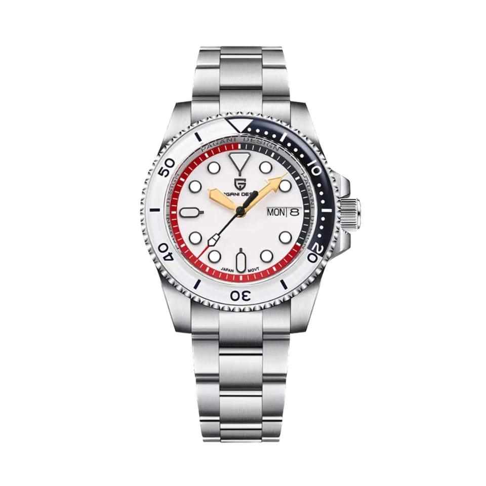 PAGANI DESIGN PD-1726 GMT watch with white dial and red blue bezel, front view
