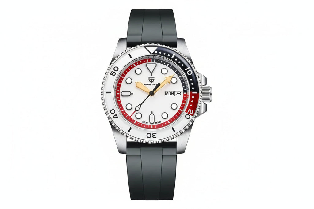 PAGANI DESIGN PD-1726 NH36 GMT watch white dial red blue bezel black rubber strap front