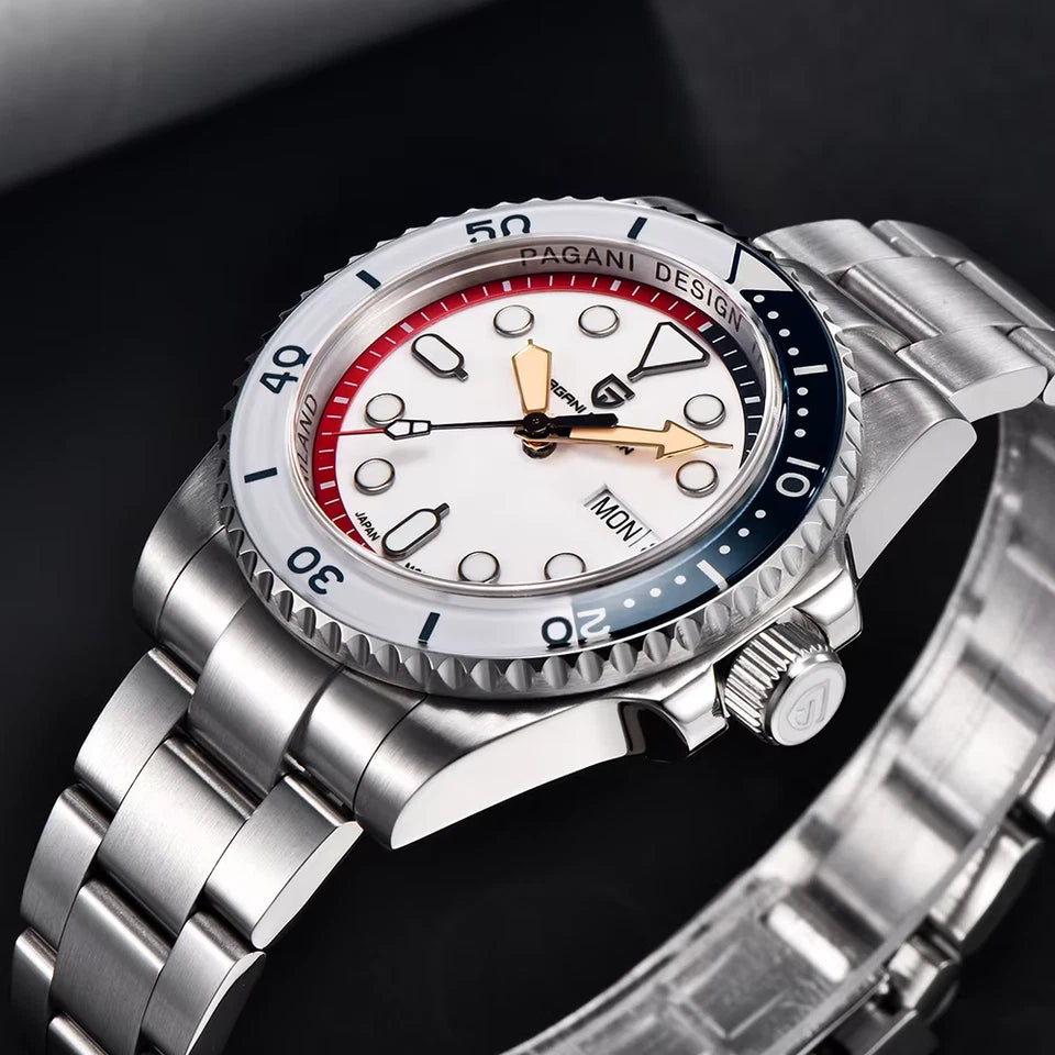 PAGANI DESIGN PD-1726 GMT watch with white dial and red blue bezel, side angle