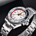 PAGANI DESIGN PD-1726 GMT watch with white dial and red blue bezel, side angle