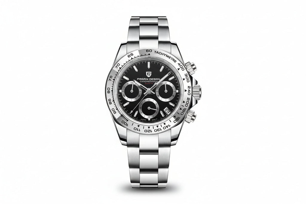 PAGANI DESIGN PD-1727 chronograph watch with black dial and steel bezel, front view