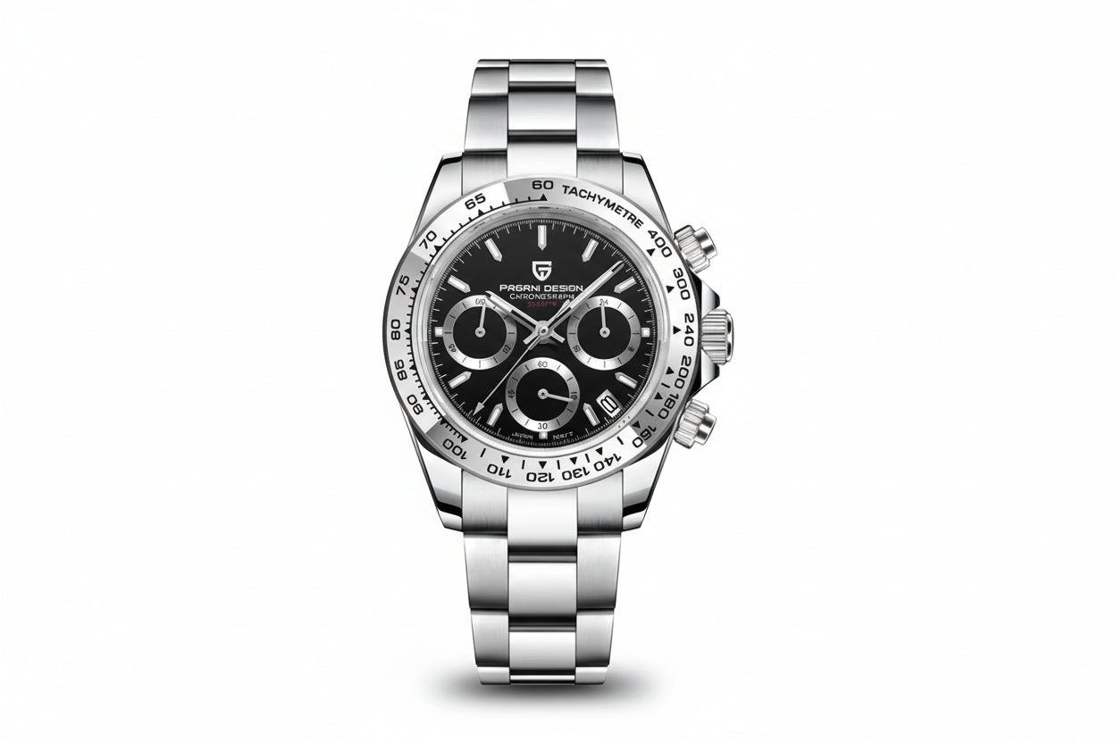 PAGANI DESIGN PD-1727 chronograph watch with black dial and steel bezel, front view