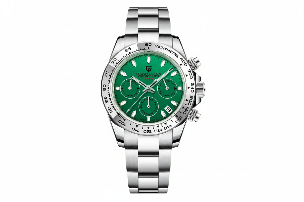 PAGANI DESIGN PD-1727 chronograph watch with green dial and steel bezel, front view