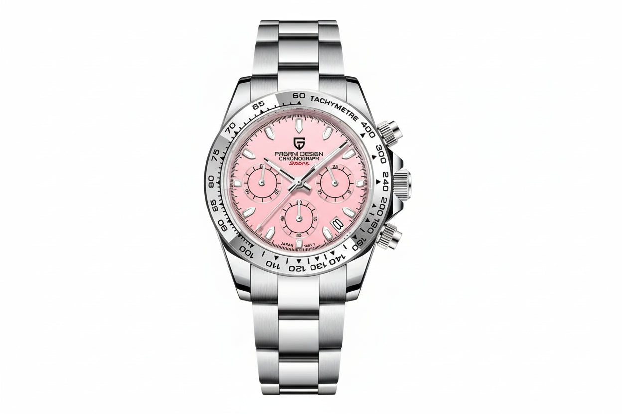 PAGANI DESIGN PD-1727 chronograph watch with pink dial and steel bezel, front view