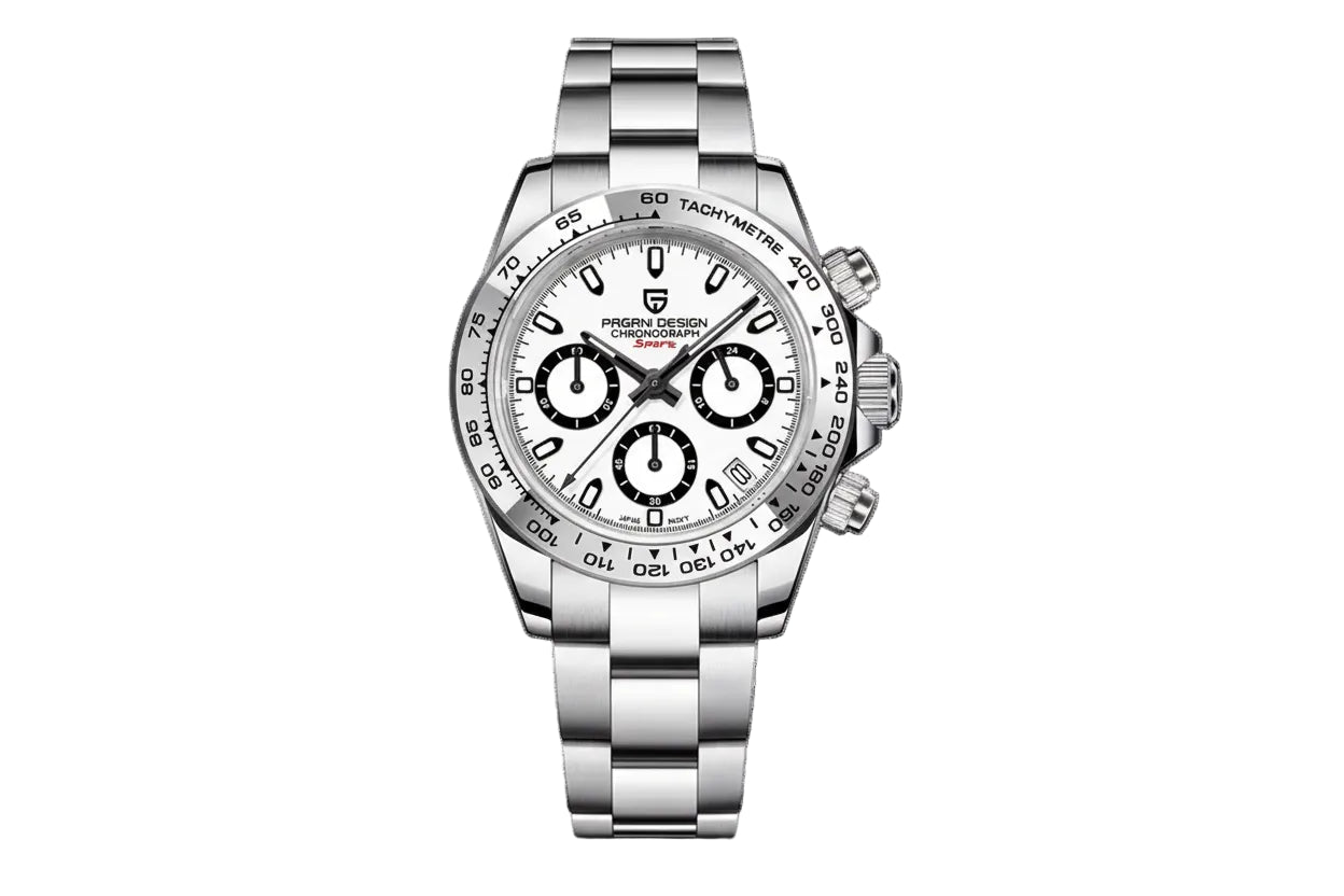 PAGANI DESIGN PD-1727 chronograph watch with white dial and steel bezel, front view