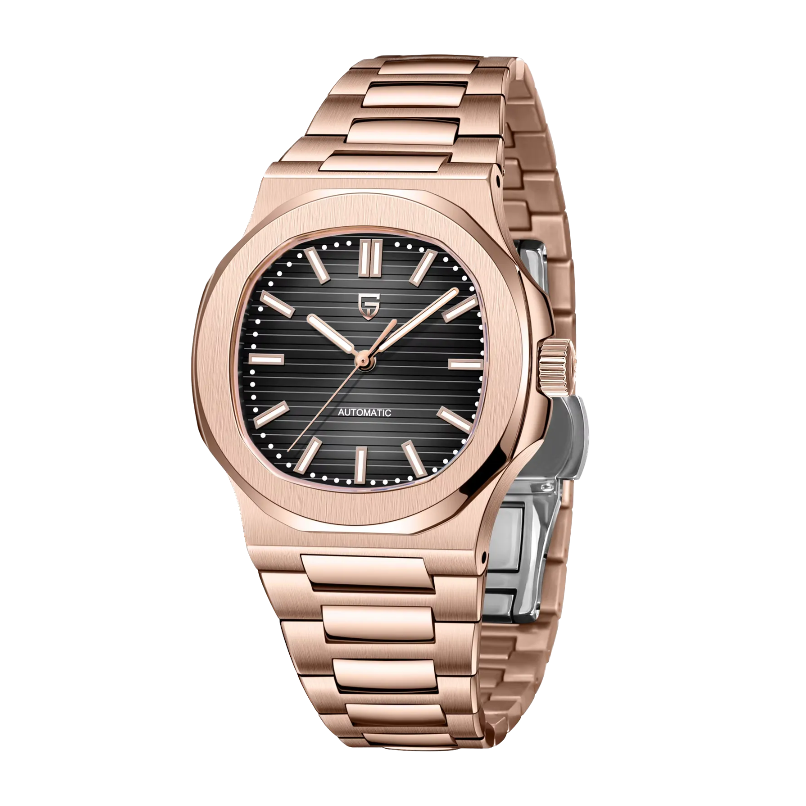 PAGANI DESIGN PD-1728 40mm automatic watch with black dial and rose gold case