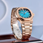 PAGANI DESIGN PD-1728 40mm rose gold watch with teal dial, styled angle detail