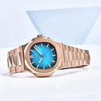 PAGANI DESIGN PD-1728 40mm rose gold watch with teal blue dial, side view