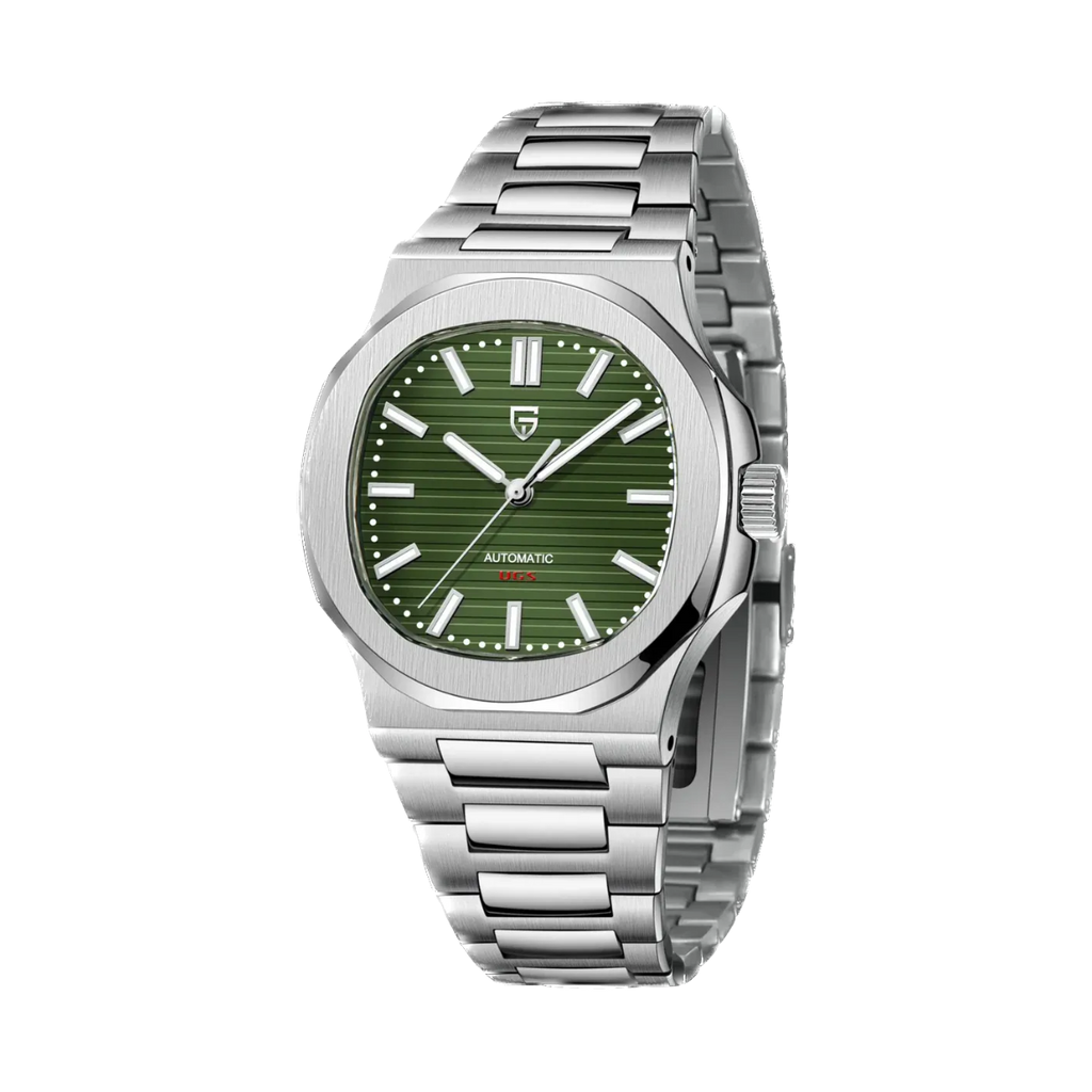 PAGANI DESIGN PD-1728 automatic watch with green dial, angled side view