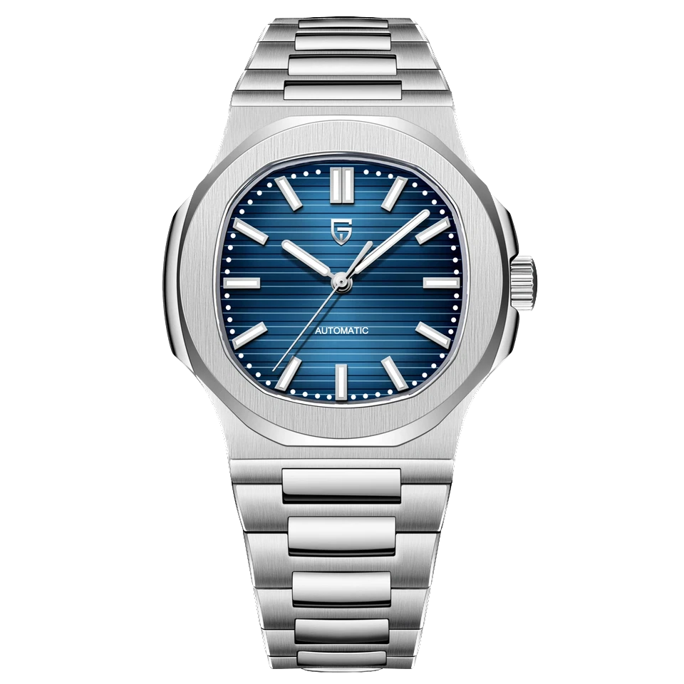 Front view of Pagani Design PD-1728 mechanical automatic chronograph watch with blue dial featuring vertical stripe pattern, stainless steel case, and integrated stainless steel bracelet, isolated on a transparent background.