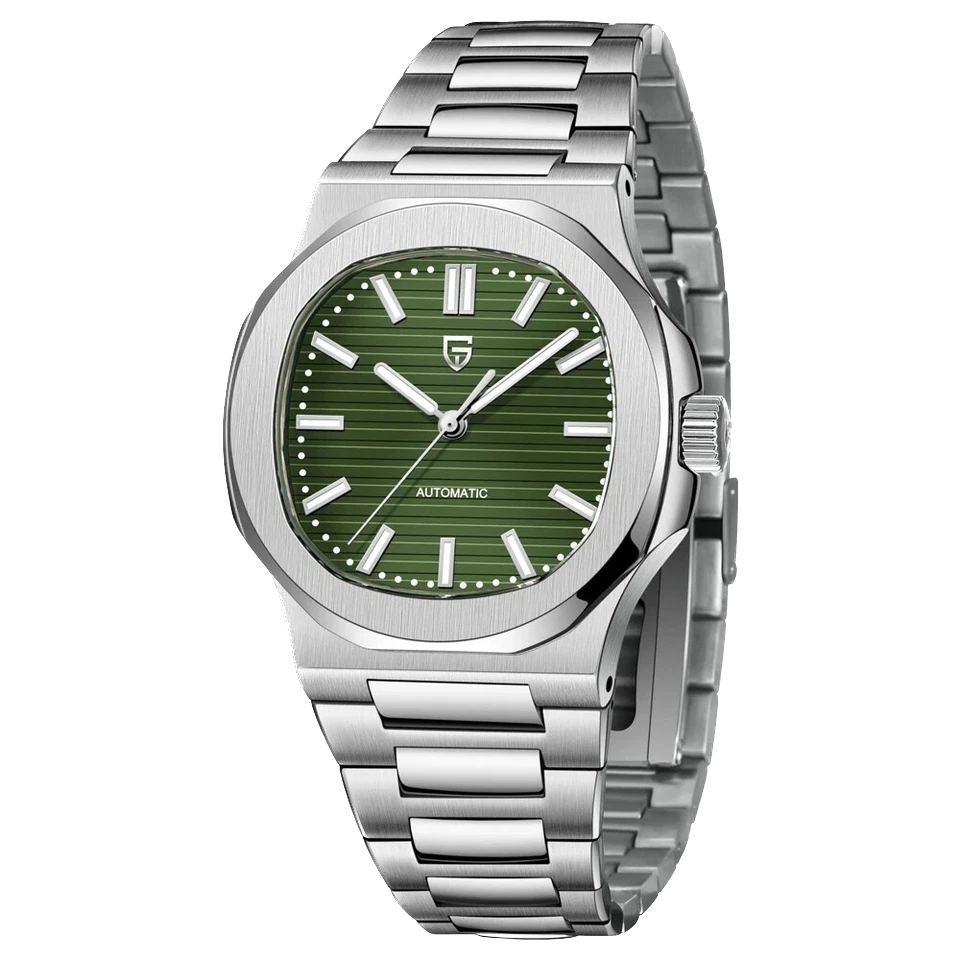 Front view of Pagani Design PD-1728 mechanical automatic chronograph watch with green dial, stainless steel case, and integrated stainless steel bracelet, isolated on a transparent background.