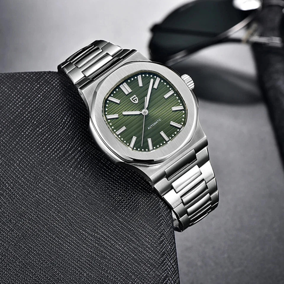 PAGANI DESIGN PD-1728 automatic chronograph watch with green dial and steel bracelet, front view