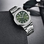 PAGANI DESIGN PD-1728 automatic chronograph watch with green dial and steel bracelet, front view